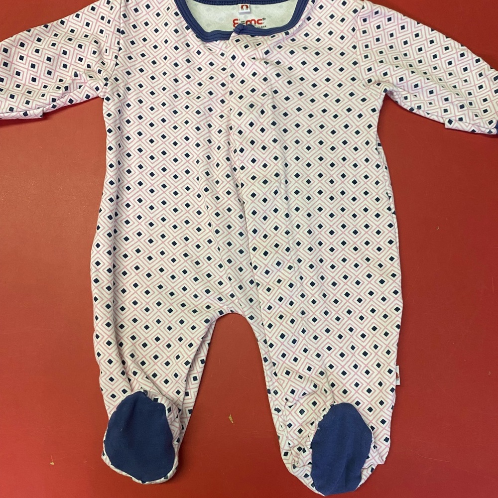 E=mc magnetic closure size 3m Baby One Piece with white, pink and Blue Accents